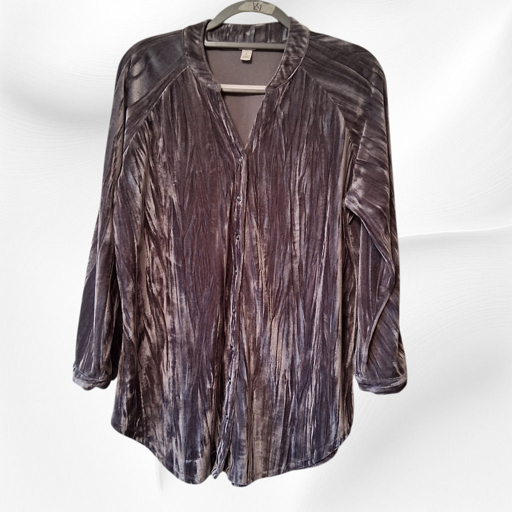 Cato Shiny Silver Crushed Velvet Velour Button Down Blouse Size L Y2K